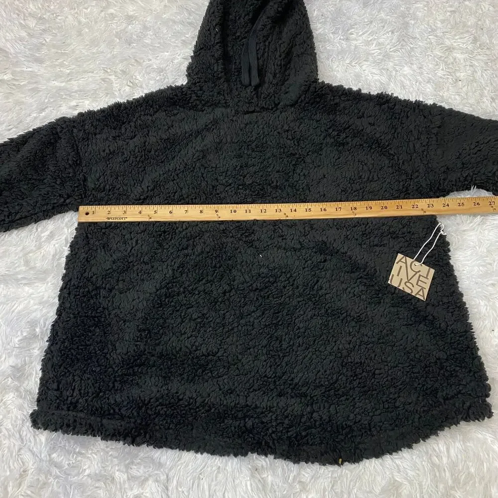 Active USA Fur Faux Hooded Jacket Womens Cozy Soft Sweater Black Large‎